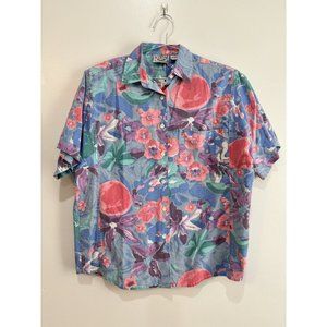 Vintage Kyoto Casuals Women's Medium Short Sleeve Button Up Blue Floral